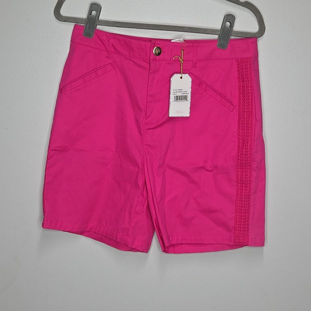 NWT Steth Parker Womens 6 Hot Pink Lace Trim Chino Bermuda Shorts Cotton KC20362